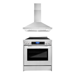 Cosmo 2 Piece Kitchen Appliance Package with 30'' Electric Freestanding Range , and Wall Mount Range Hood