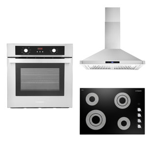 Cosmo 3 Piece Kitchen Appliance Package with 30'' Electric Cooktop , Wall Oven , and Wall Mount Range Hood