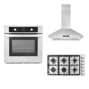 Cosmo 3 Piece Kitchen Appliance Package with 36'' Gas Cooktop , Wall Oven , and Island Range Hood