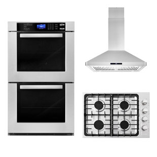 Cosmo 3 Piece Kitchen Appliance Package with 30'' Gas Cooktop , Wall Oven , and Island Range Hood