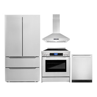 Cosmo 4 Piece Kitchen Appliance Package with French Door Refrigerator , 29.5'' Electric Freestanding Range , Built-In Dishwasher , and Island Range Hood