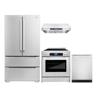 Cosmo 4 Piece Kitchen Appliance Package with French Door Refrigerator , 29.8'' Electric Freestanding Range , Built-In Dishwasher , and Under Cabinet Range Hood