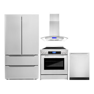Cosmo 4 Piece Kitchen Appliance Package with French Door Refrigerator , 30'' Electric Freestanding Range , Built-In Dishwasher , and Island Range Hood