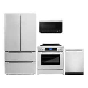 Cosmo 4 Piece Kitchen Appliance Package with French Door Refrigerator , 30'' Electric Freestanding Range , Built-In Dishwasher , and Over-the-Range Microwave
