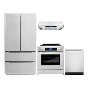 Cosmo 4 Piece Kitchen Appliance Package with French Door Refrigerator , 30'' Electric Freestanding Range , Built-In Dishwasher , and Under Cabinet Range Hood