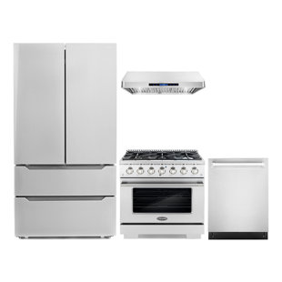 Cosmo 4 Piece Kitchen Appliance Package with French Door Refrigerator , 35.8'' Gas Freestanding Range , Built-In Dishwasher , and Under Cabinet Range Hood