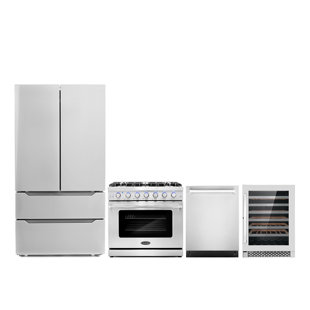 Cosmo 4 Piece Kitchen Appliance Package with French Door Refrigerator , 36'' Gas Freestanding Range , Built-In Dishwasher , and Wine Refrigerator