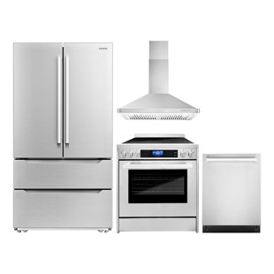 Cosmo 4 Piece Kitchen Appliance Package with French Door Refrigerator , 29.8'' Electric Freestanding Range , Built-In Dishwasher , and Wall Mount Range Hood