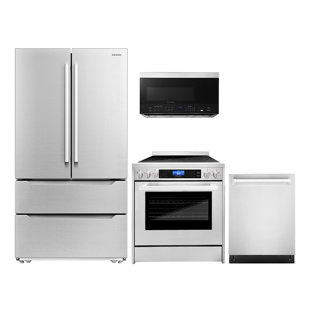 Cosmo 4 Piece Kitchen Appliance Package with French Door Refrigerator , 29.8'' Electric Freestanding Range , Built-In Dishwasher , and Over-the-Range Microwave