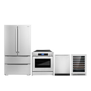 Cosmo 4 Piece Kitchen Appliance Package with French Door Refrigerator , 29.8'' Electric Freestanding Range , Built-In Dishwasher , and Wine Refrigerator