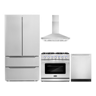 Cosmo 4 Piece Kitchen Appliance Package with French Door Refrigerator , 36'' Gas Freestanding Range , Built-In Dishwasher , and Wall Mount Range Hood