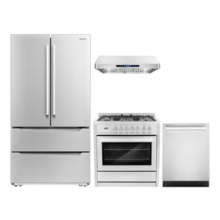 COSMO 4 Piece Kitchen Set with 36" Dual Fuel Range 36" Range Hood 24" Dishwasher & Refrigerator