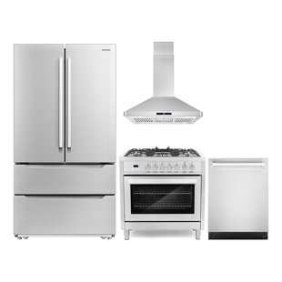 COSMO 4 Piece Kitchen Set with 36" Dual Fuel Range 36" Island Range Hood 24" Dishwasher & Refrigerator