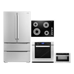 Cosmo 4 Piece Kitchen Appliance Package with French Door Refrigerator , 30'' Electric Cooktop , Wall Oven , and Microwave Drawer
