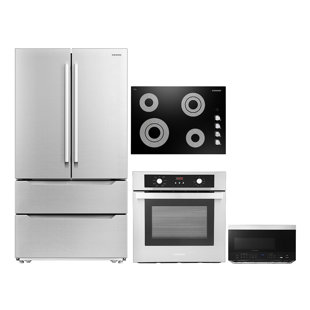 Cosmo 4 Piece Kitchen Appliance Package with French Door Refrigerator , 30'' Electric Cooktop , Wall Oven , and Over-the-Range Microwave