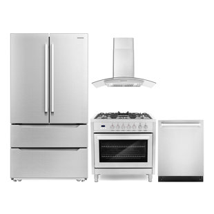 COSMO 4 Piece Kitchen Set with 36" Dual Fuel Range 36" Wall Mount Range Hood 24" Dishwasher & Refrigerator