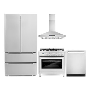 Cosmo 4 Piece Kitchen Appliance Package with French Door Refrigerator , 35.5'' Gas Freestanding Range , Built-In Dishwasher , and Wall Mount Range Hood