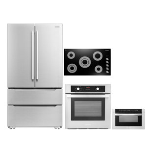 Cosmo 4 Piece Kitchen Appliance Package with French Door Refrigerator , 36'' Electric Cooktop , Wall Oven , and Microwave Drawer