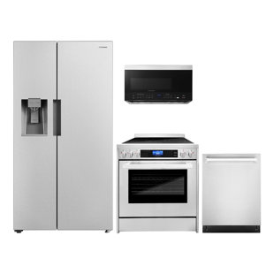 Cosmo 4 Piece Kitchen Appliance Package with Side By Side Refrigerator , 29.8'' Electric Freestanding Range , Built-In Dishwasher , and Over-the-Range Microwave