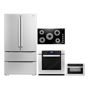 Cosmo 4 Piece Kitchen Appliance Package with French Door Refrigerator , 36'' Electric Cooktop , Wall Oven , and Microwave Drawer