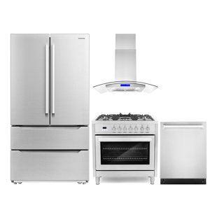 COSMO 4 Piece Kitchen Set with 36" Dual Fuel Range 36" Island Range Hood 24" Dishwasher & Refrigerator