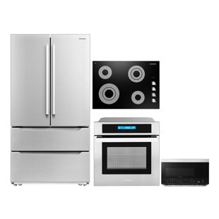 Cosmo 4 Piece Kitchen Appliance Package with French Door Refrigerator , 30'' Electric Cooktop , Wall Oven , and Over-the-Range Microwave
