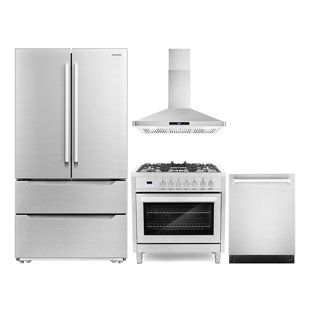 COSMO 4 Piece Kitchen Set with 36" Dual Fuel Range 36" Wall Mount Range Hood 24" Dishwasher & Refrigerator