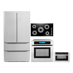 Cosmo 4 Piece Kitchen Appliance Package with French Door Refrigerator , 36'' Electric Cooktop , Wall Oven , and Microwave Drawer