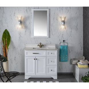 ADORN VANITY Livia 36" Free-standing Single Bathroom Vanity with Quartz Vanity Top, Sink, Mirror, Handles