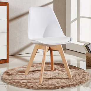 LATITUDE RUN Thomasin Modern Scandinavian Minimalist Dining Chair with Faux Leather Cushions and Solid Wood Legs - Side Chair for Dining Room Kitchen Office - Single