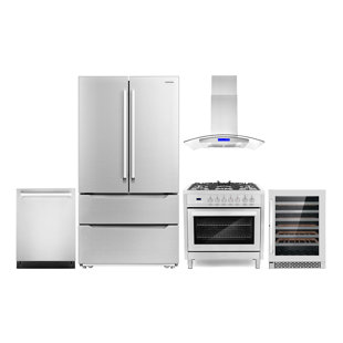 Cosmo 5 Piece Kitchen Appliance Package with French Door Refrigerator , 35.5'' Dual Fuel Freestanding Range , Built-In Dishwasher , Island Range Hood , and Wine Refrigerator
