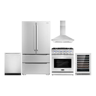 Cosmo 5 Piece Kitchen Appliance Package with French Door Refrigerator , 30'' Gas Freestanding Range , Built-In Dishwasher , Wall Mount Range Hood , and Wine Refrigerator