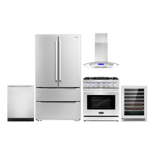 Cosmo 5 Piece Kitchen Appliance Package with French Door Refrigerator , 30'' Gas Freestanding Range , Built-In Dishwasher , Island Range Hood , and Wine Refrigerator
