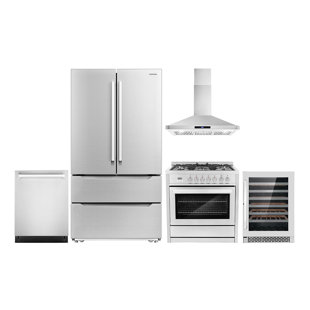Cosmo 5 Piece Kitchen Appliance Package with French Door Refrigerator , 35.5'' Dual Fuel Freestanding Range , Built-In Dishwasher , Wall Mount Range Hood , and Wine Refrigerator