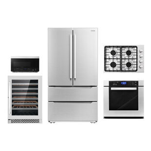 Cosmo 5 Piece Kitchen Appliance Package with French Door Refrigerator , 30'' Gas Cooktop , Wall Oven , Over-the-Range Microwave , and Wine Refrigerator