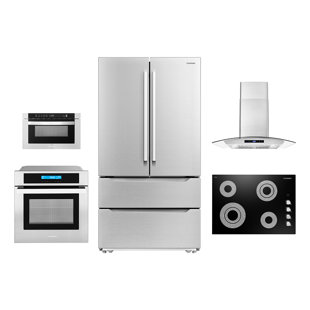 Cosmo 5 Piece Kitchen Appliance Package with French Door Refrigerator , 30'' Electric Cooktop , Wall Oven , Microwave Drawer , and Wall Mount Range Hood