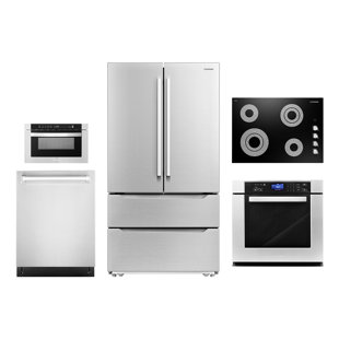 Cosmo 5 Piece Kitchen Appliance Package with French Door Refrigerator , 30'' Electric Cooktop , Wall Oven , Built-In Dishwasher , and Microwave Drawer