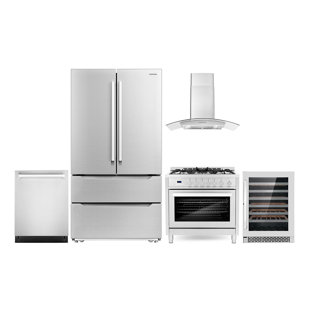 Cosmo 5 Piece Kitchen Appliance Package with French Door Refrigerator , 35.5'' Gas Freestanding Range , Built-In Dishwasher , Wall Mount Range Hood , and Wine Refrigerator