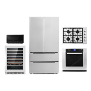 Cosmo 5 Piece Kitchen Appliance Package with French Door Refrigerator , 30'' Gas Cooktop , Wall Oven , Over-the-Range Microwave , and Wine Refrigerator