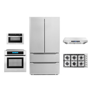 Cosmo 5 Piece Kitchen Appliance Package with French Door Refrigerator , 36'' Gas Cooktop , Wall Oven , Microwave Drawer , and Under Cabinet Range Hood