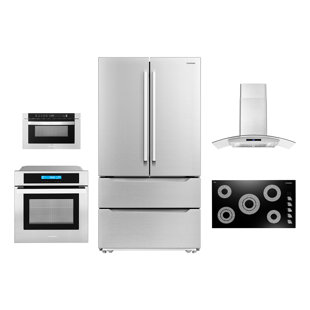 Cosmo 5 Piece Kitchen Appliance Package with French Door Refrigerator , 36'' Electric Cooktop , Wall Oven , Microwave Drawer , and Wall Mount Range Hood