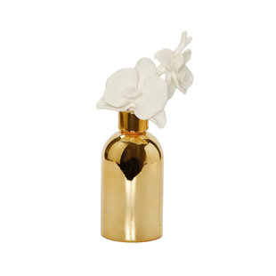 VIVIENCE Gold Bottle Diffuser with Gold Cap and White Flower, "English Pear & Freesia"