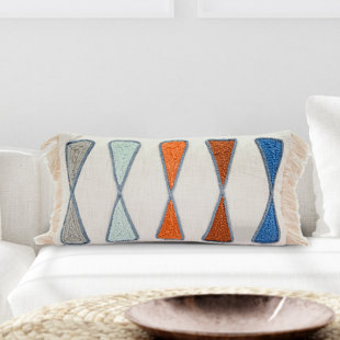 BLOOMINGVILLE Cotton Lumbar Pillow with Embroidery and Fringe