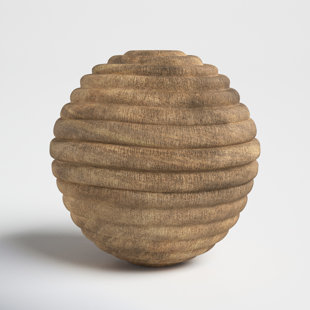 JOSS & MAIN Natural Round Brown Ridged Wooden Orb Decor Contemporary Rustic