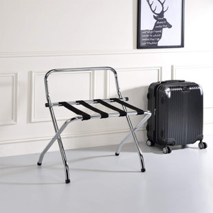 INROOM DESIGNS Foldable Luggage Rack - Suitcase Stand With Storage Shelf - Folding Luggage Rack for Guest Room and Bedroom - Sturdy Portable and Stylish Metal Suitcase Stand