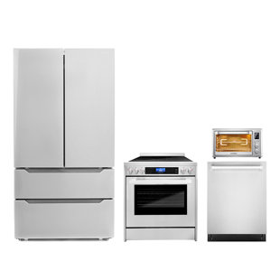 COSMO 4 Piece Kitchen Appliance Package with 20" Electric Air Fryer Toaster Oven 30" Freestanding Electric Range 24" Built-in Fully Integrated Dishwasher, & French Door Refrigerator