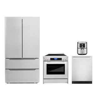 COSMO 4 Piece Kitchen Appliance Package with 5.5L Electric Hot Air Fryer 30" Freestanding Electric Range 24" Built-in Fully Integrated Dishwasher, & French Door Refrigerator