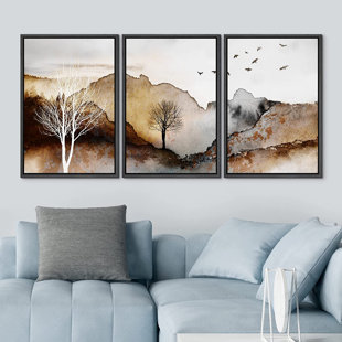 IDEA4WALL Mountain Forest Abstract Nature Landscape Pictures Decor Framed On Canvas 3 Pieces Print Wall Art