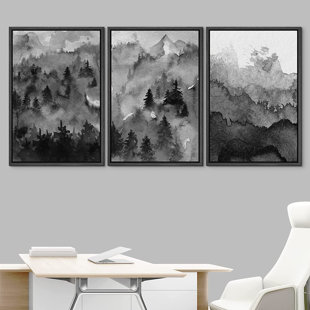IDEA4WALL Dark Mountain Forest Framed On Canvas 3 Pieces Painting