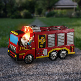 Exhart Solar Fire Truck Driving Gnome Garden Statue